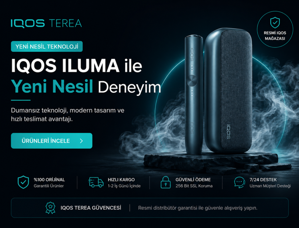 IQOS ILUMA devices displayed on a rocky pedestal with teal glow and smoke in the background, Turkish promotional text on the left.