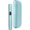 Blue IQOS heat-not-burn kit with a slim pen-style holder and matching rounded case, both labeled IQOS