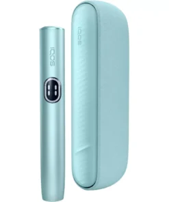 Blue IQOS heat-not-burn kit with a slim pen-style holder and matching rounded case, both labeled IQOS
