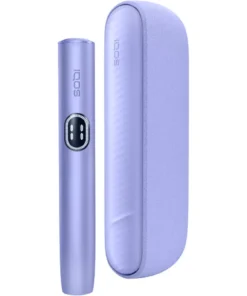 Lavender IQOS heated-tobacco device with a matching protective case beside it.
