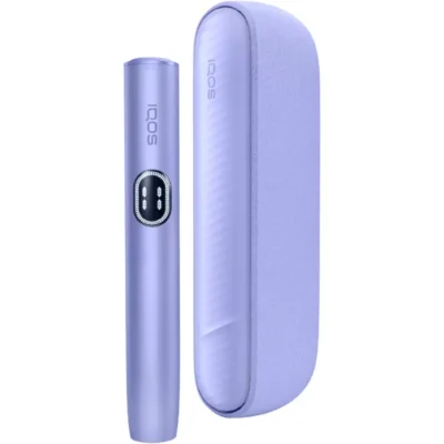 Lavender IQOS heated-tobacco device with a matching protective case beside it.