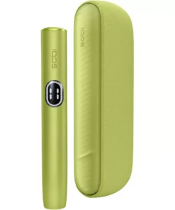 Green heat-not-burn tobacco device with a matching green charging case (IQOS-style) side-by-side, showing a rounded handheld unit and a case.