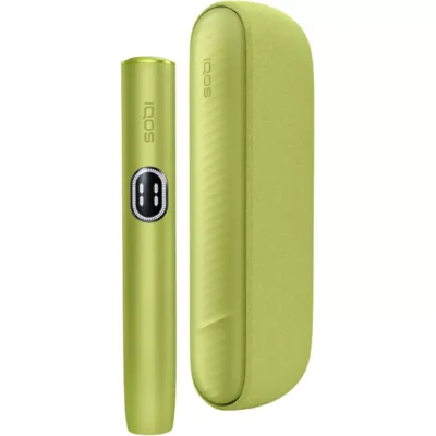 Green heat-not-burn tobacco device with a matching green charging case (IQOS-style) side-by-side, showing a rounded handheld unit and a case.
