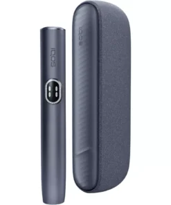 Dark blue IQOS tobacco heating device shown beside its rounded charging case.