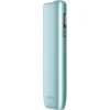 Teal IQOS heat-not-burn device standing upright with a vertical control panel on the side and a button underneath it.