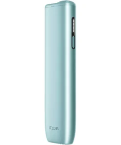 Teal IQOS heat-not-burn device standing upright with a vertical control panel on the side and a button underneath it.