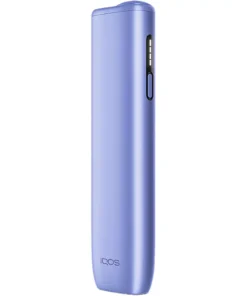 Purple IQOS heated tobacco device standing upright, with side indicator panel and power button, lavender color.