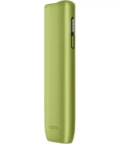 Green IQOS heated tobacco device standing upright with a vertical control area on the side terming it as a vape device