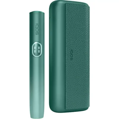 Green IQOS tobacco heating device with a matching green charging case (two-piece kit)