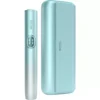 Turquoise IQOS heating device beside a matching textured turquoise case with leather-like finish.