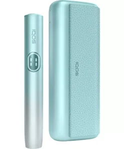 Turquoise IQOS heating device beside a matching textured turquoise case with leather-like finish.