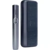 IQOS heated tobacco device standing upright next to a dark textured carrying case.