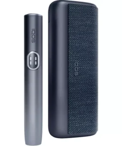 IQOS heated tobacco device standing upright next to a dark textured carrying case.