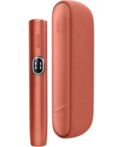 Rose-gold heated tobacco device with a slim pen-like stick beside a curved protective case.