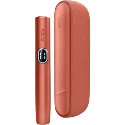 Rose-gold heated tobacco device with a slim pen-like stick beside a curved protective case.