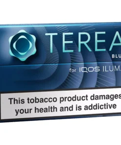TEREA Blue IQOS ILUMA tobacco product packaging with a health warning label across the front reading: This tobacco product damages your health and is addictive