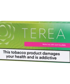 Terea tobacco product box with a bold health warning: 'This tobacco product damages your health and is addictive'