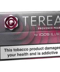 Front view of a TEREA Provence Pearl for IQOS LUMA tobacco box with a prominent health warning on the lower front panel.