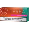 Tobacco product box with a gradient orange-to-teal design, large 'TEREA' logo, pink band reading 'Works only with IQOS ILUMA', and a prominent health warning.