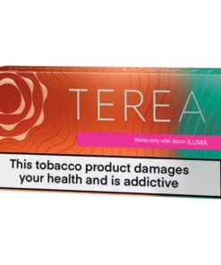 Tobacco product box with a gradient orange-to-teal design, large 'TEREA' logo, pink band reading 'Works only with IQOS ILUMA', and a prominent health warning.