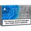 Terea Tidal Pearl cigarette box with a blue wave design and a health warning label across the front saying the product damages health and is addictive
