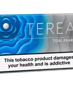 Terea Tidal Pearl cigarette box with a blue wave design and a health warning label across the front saying the product damages health and is addictive