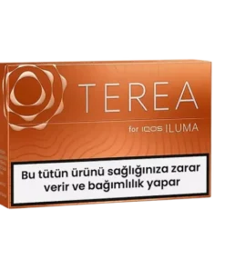 Orange TEREA for IQOS ILUMA tobacco product box with Turkish health-warning label stating it harms health and can cause addiction.